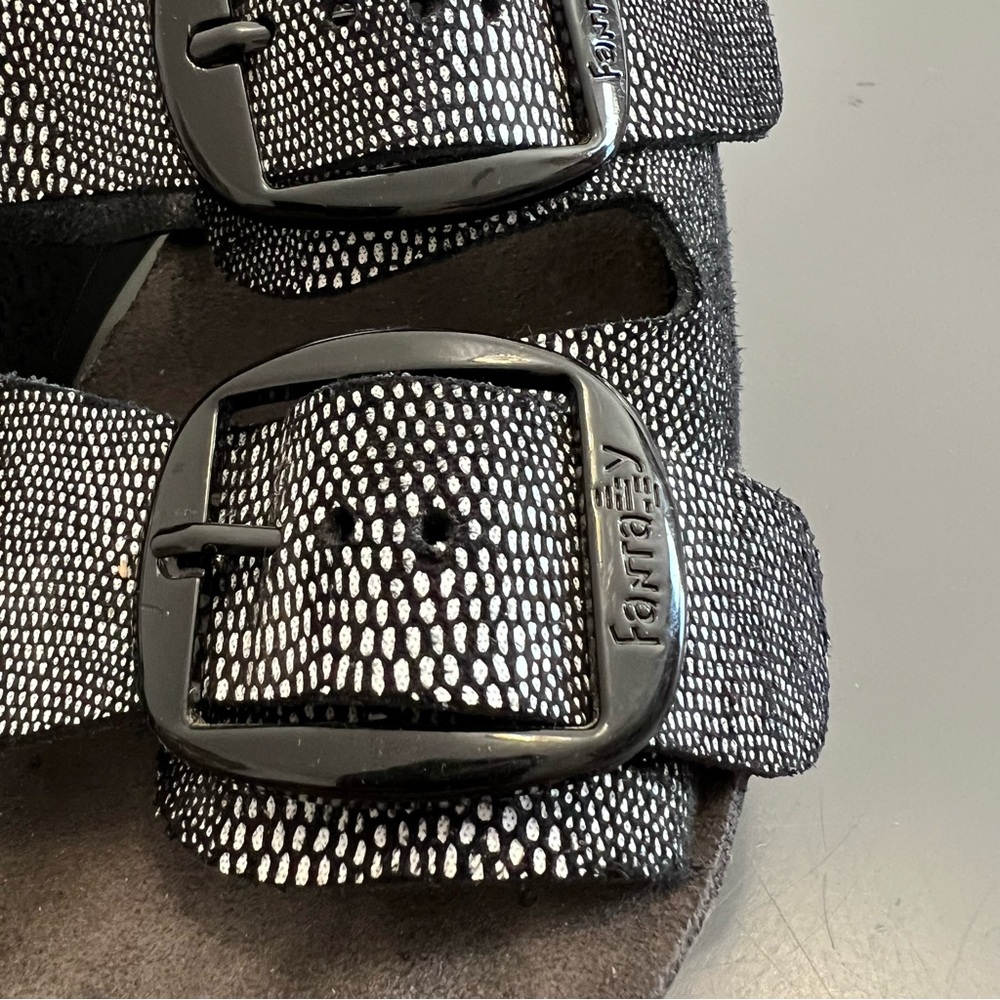 Fantasy Sandals Leather Two Buckle Black and Silver Wedge Sandals - Picture 4 of 9